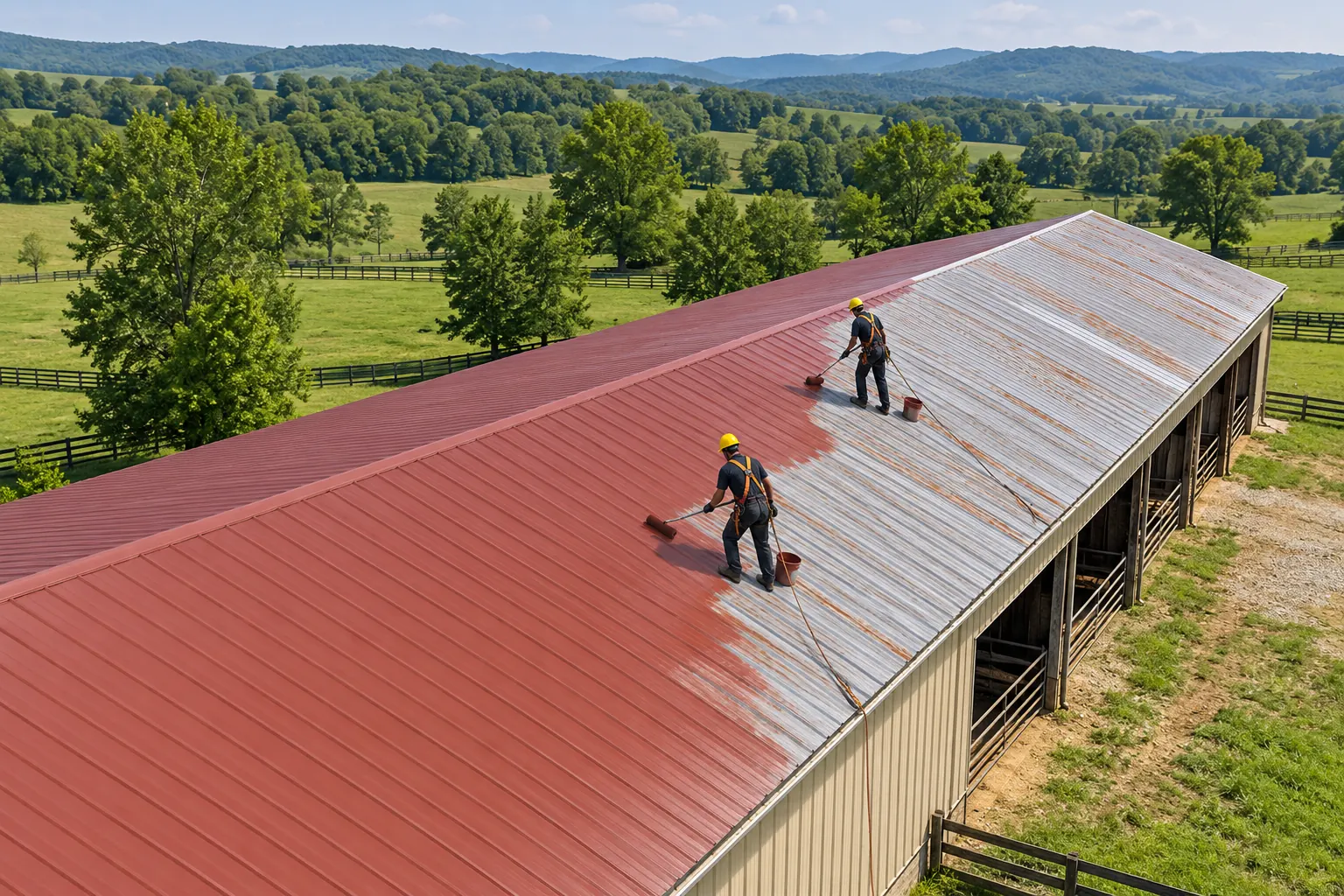 Two roofers rolling red coating along a long metal barn roof outside Danville