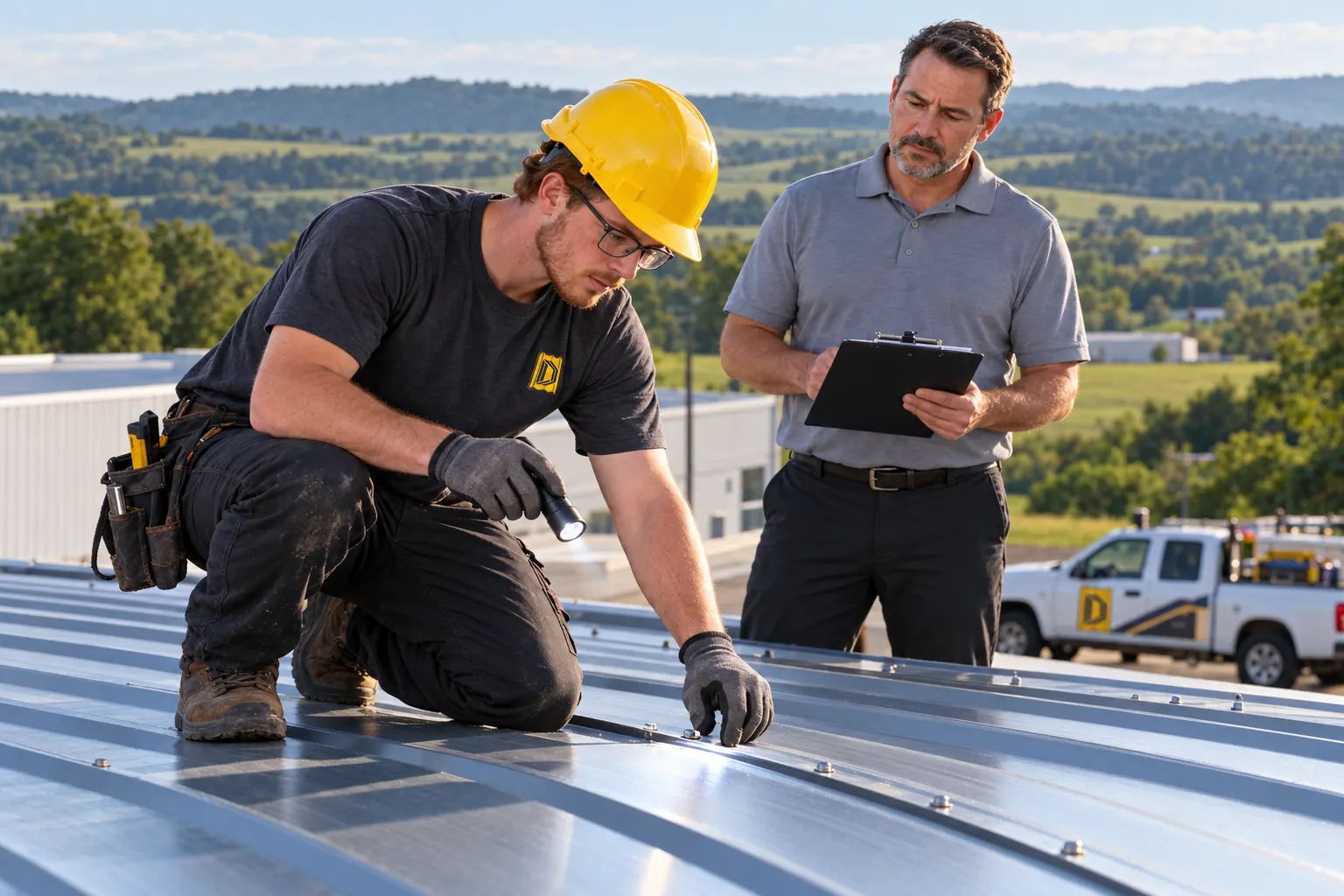 Roofer kneeling on a metal roof to check a panel while a facility manager takes notes